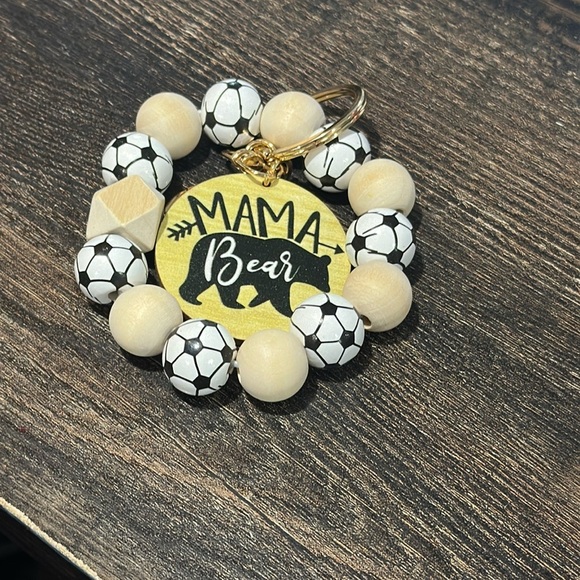 NWT Soccer ⚽️ MAMA BEAR Keychain Wristlet large wooden beads with Soccer Ball - Picture 2 of 4